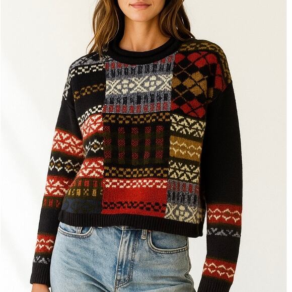 Vintage 90s Liz Sport 100% Cotton Fair Isle Patchwork Sweater Rare Knit - Picture 1 of 9